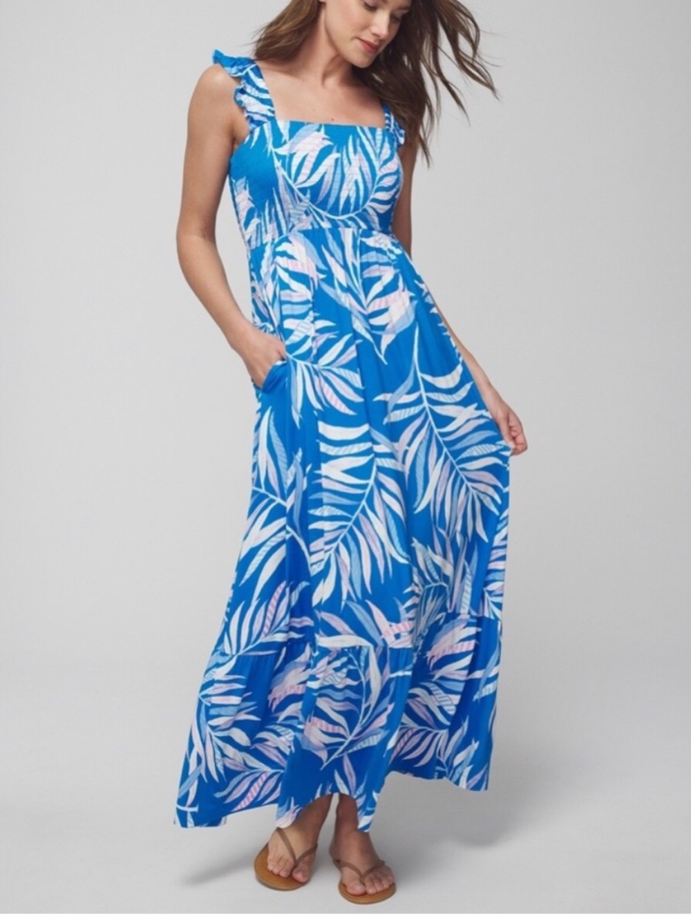 Soma Smocked Tiered Maxi Dress Soft Stretch Built in Bra Ruffle Strap
